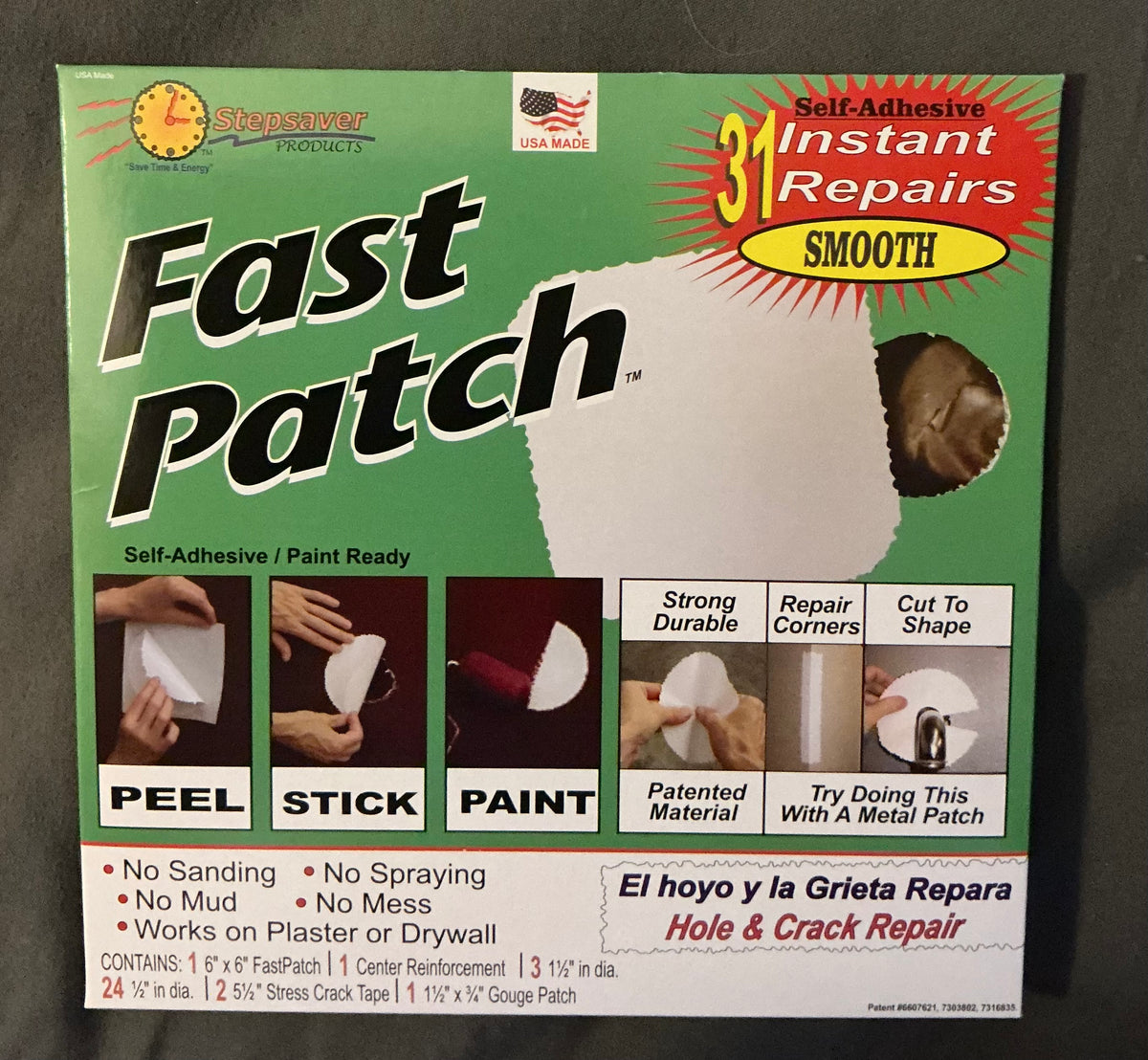 Self-Adhesive Fast Patch Smooth 31 repair Wall Patch Kit. Patented, USA Made